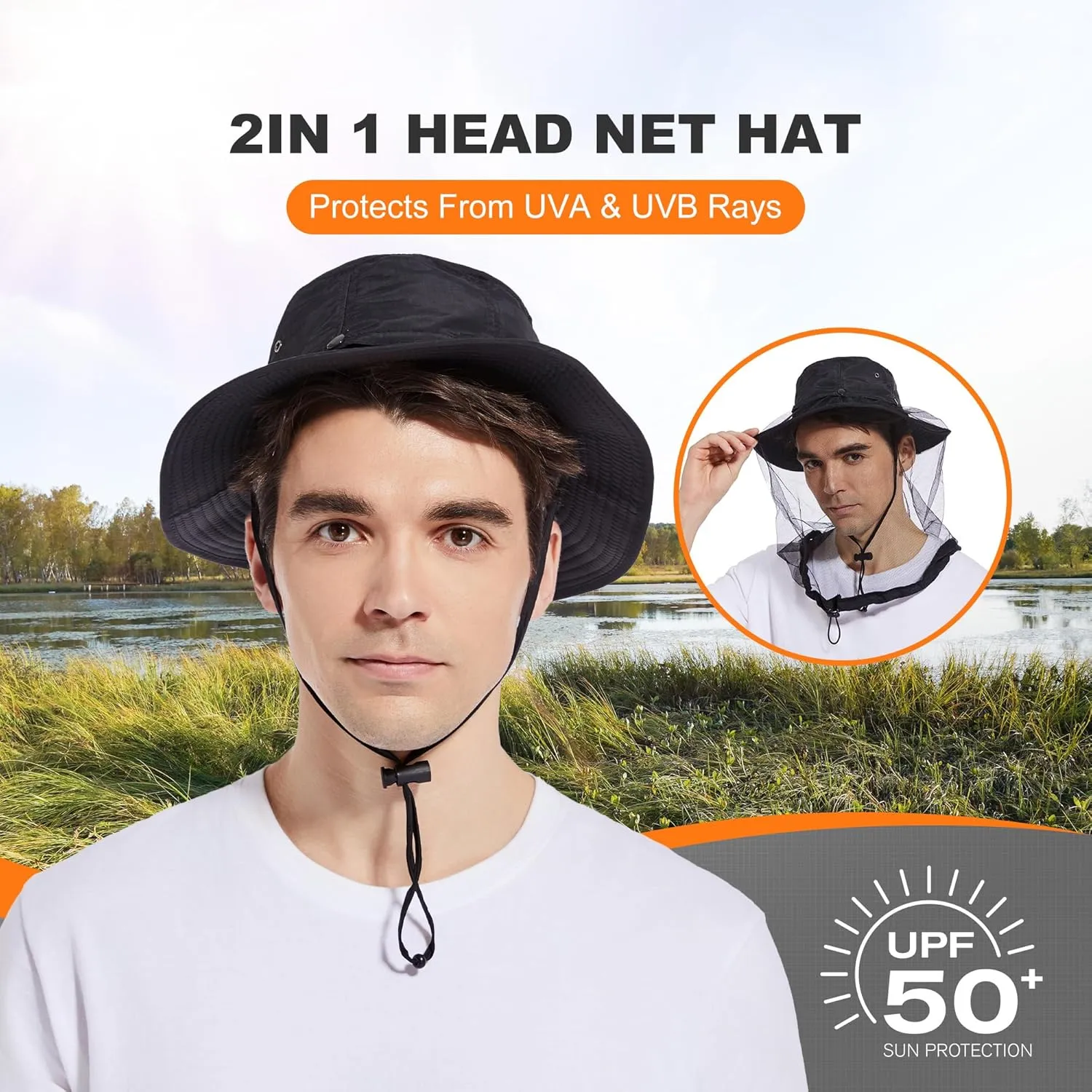 Mosquito Head Net Hat - Bug Cap UPF 50  Sun Protection with Hidden Netting for Beekeeping Hiking Men & Women