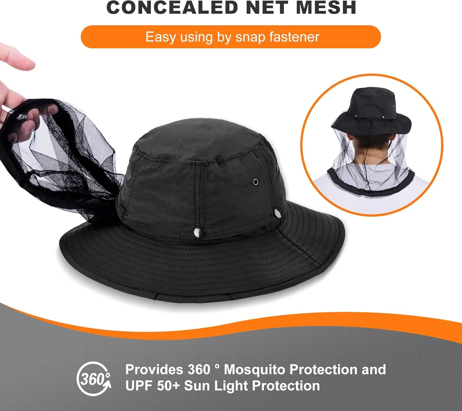 Mosquito Head Net Hat - Bug Cap UPF 50  Sun Protection with Hidden Netting for Beekeeping Hiking Men & Women