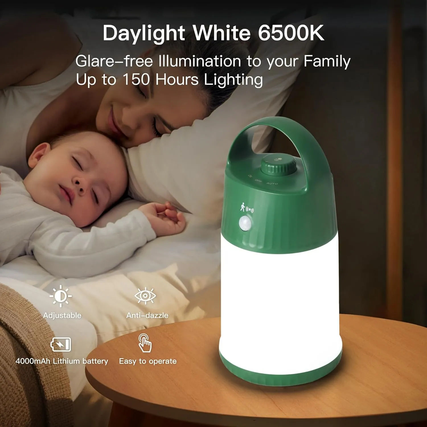 Motion Sensor LED Night Light - Cordless Battery Powered Table Lamp, Portable Lamps Lantern for Outdoor Camping Tents, 4 Brightness Level, Press Dimmable Safe Night Lights, 1 Pack (Green)