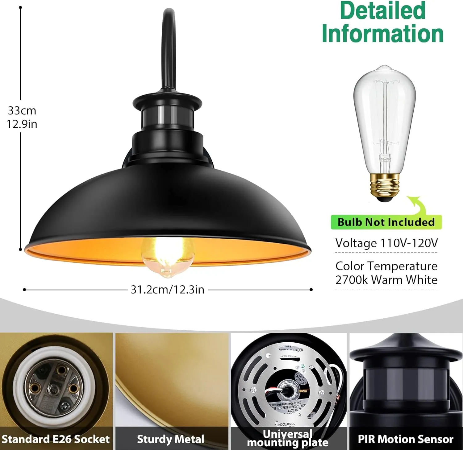 Motion Sensor Outdoor Lights, 3 Lighting Modes Farmhouse Barn Light, 2pack 12.9in Black Dusk to Dawn Gooseneck Porch Light Fixture Wall Mount, Waterproof Exterior Wall Lights for House Outside Garage