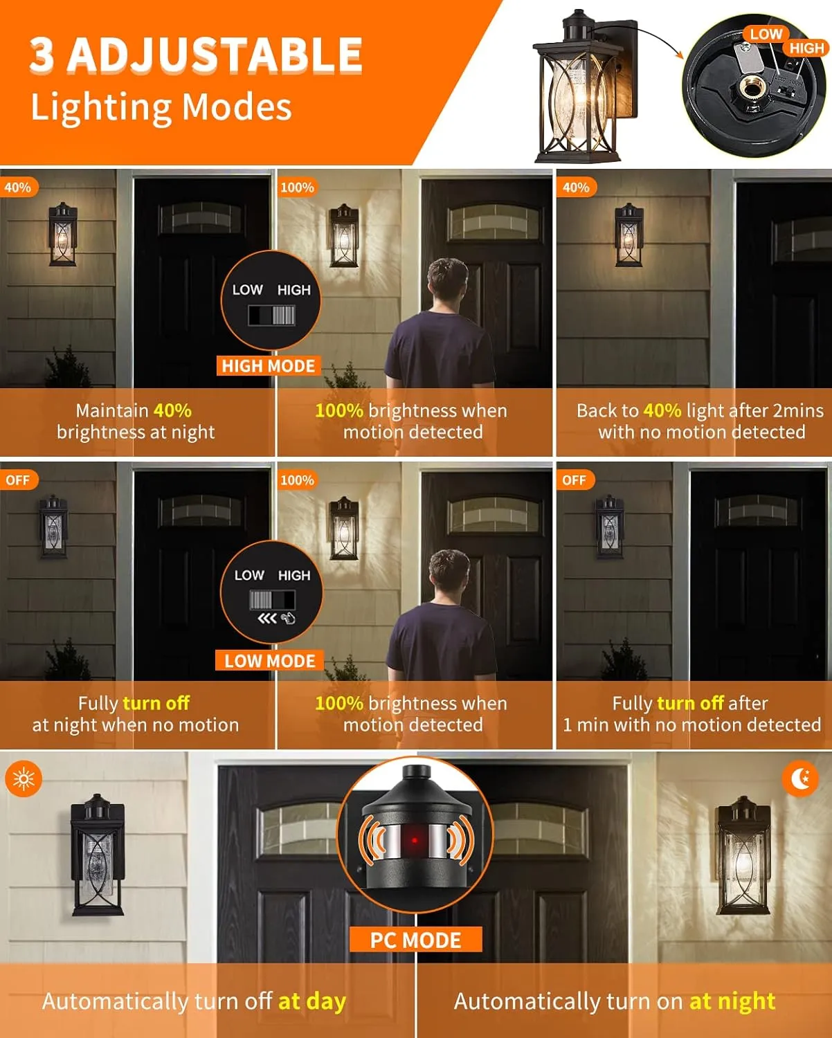 Motion Sensor Outdoor Wall Light with Dimmable Bulb, Modern Dusk to Dawn Exterior Light Fixture Wall Mount Porch Light Black with Crack-Like Glass Coach Lantern for House Garage
