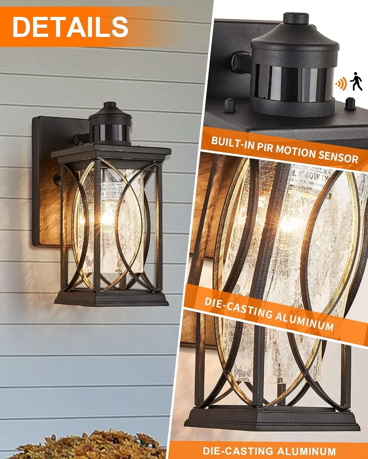 Motion Sensor Outdoor Wall Light with Dimmable Bulb, Modern Dusk to Dawn Exterior Light Fixture Wall Mount Porch Light Black with Crack-Like Glass Coach Lantern for House Garage