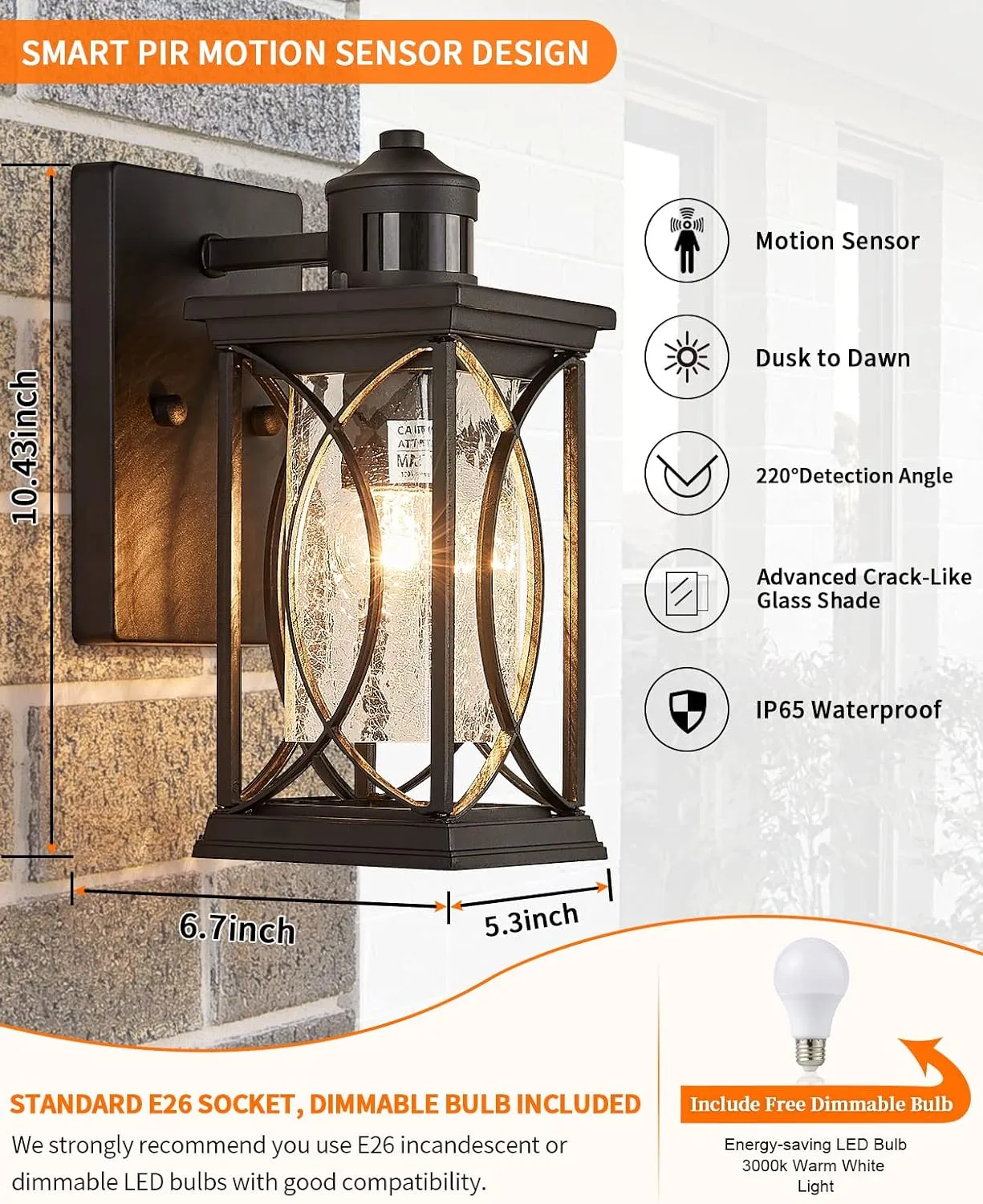 Motion Sensor Outdoor Wall Light with Dimmable Bulb, Modern Dusk to Dawn Exterior Light Fixture Wall Mount Porch Light Black with Crack-Like Glass Coach Lantern for House Garage