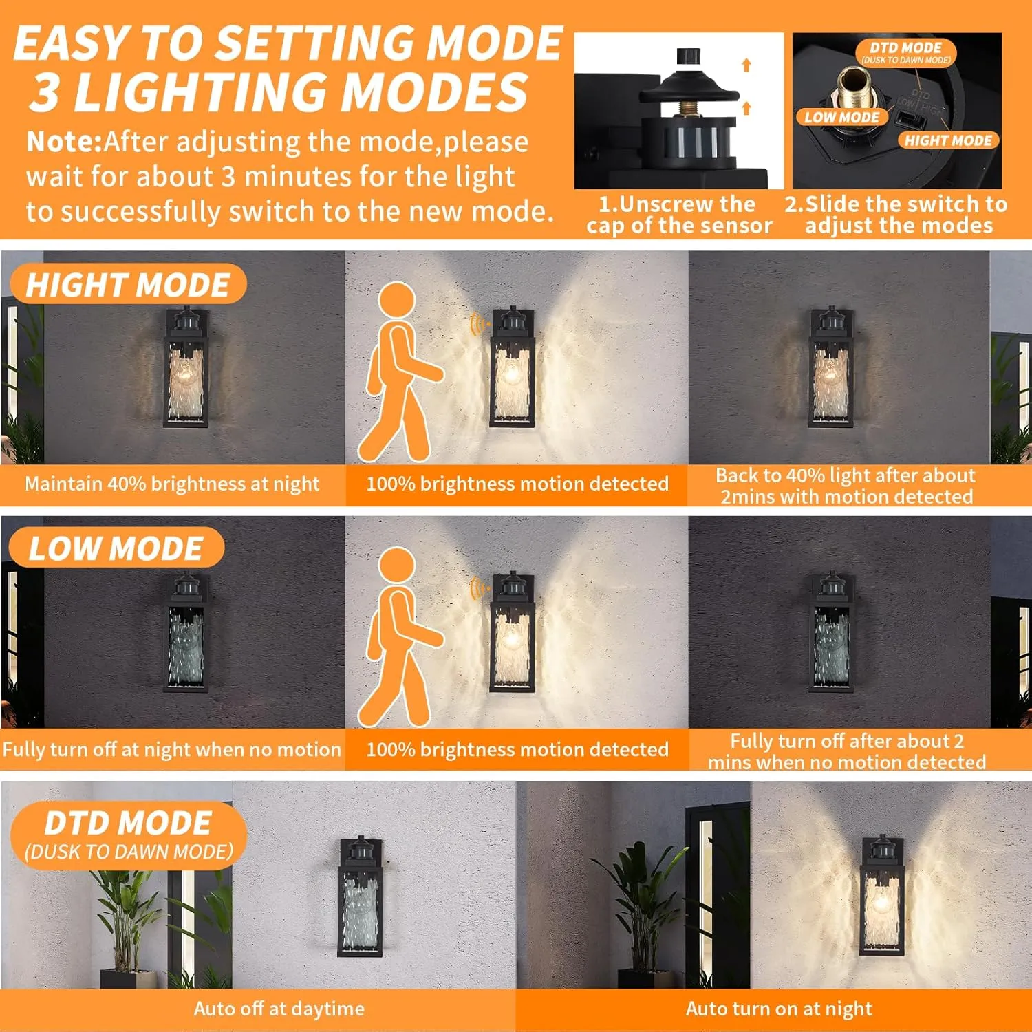 Motion Sensor Outdoor Wall Lights,Updated Dusk to Dawn Outdoor Lighting, Exterior Light Fixtures Wall Mount,Waterproof Porch Light Outside Lights for House