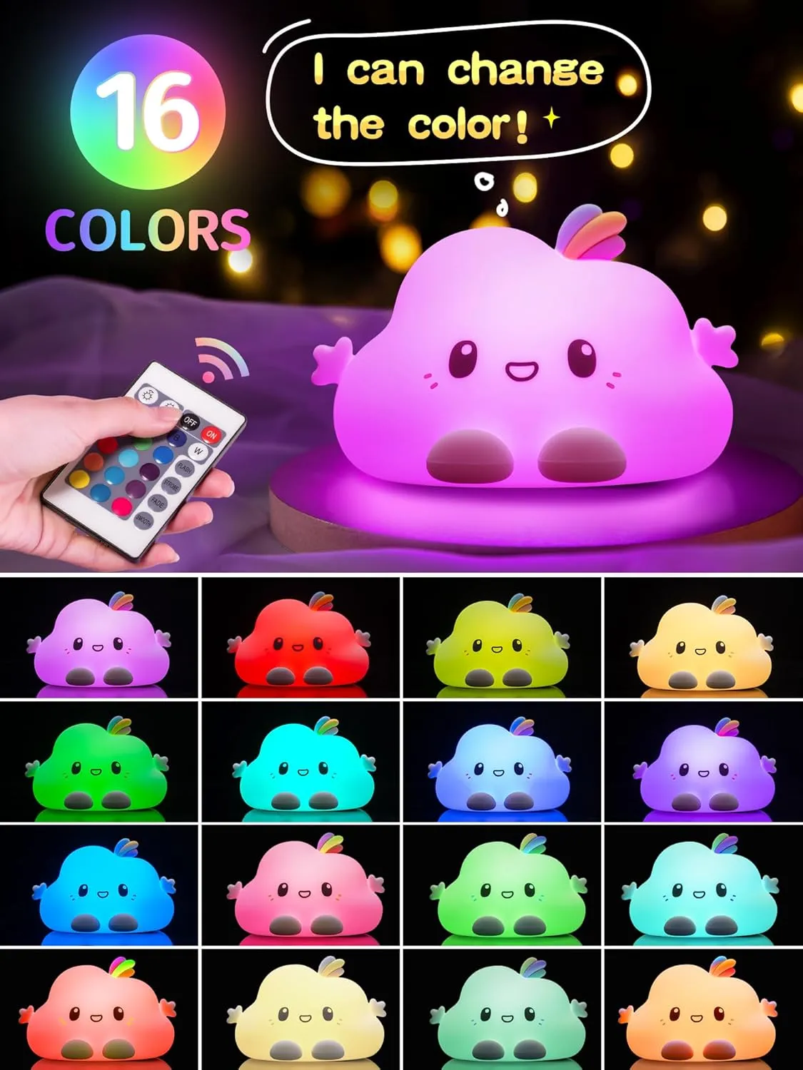 Mubarek LED Cloud Lights - 16 Color Silicone Cloud Lamp, Dimmable, Portable Rechargeable, Cute Kawaii Gifts