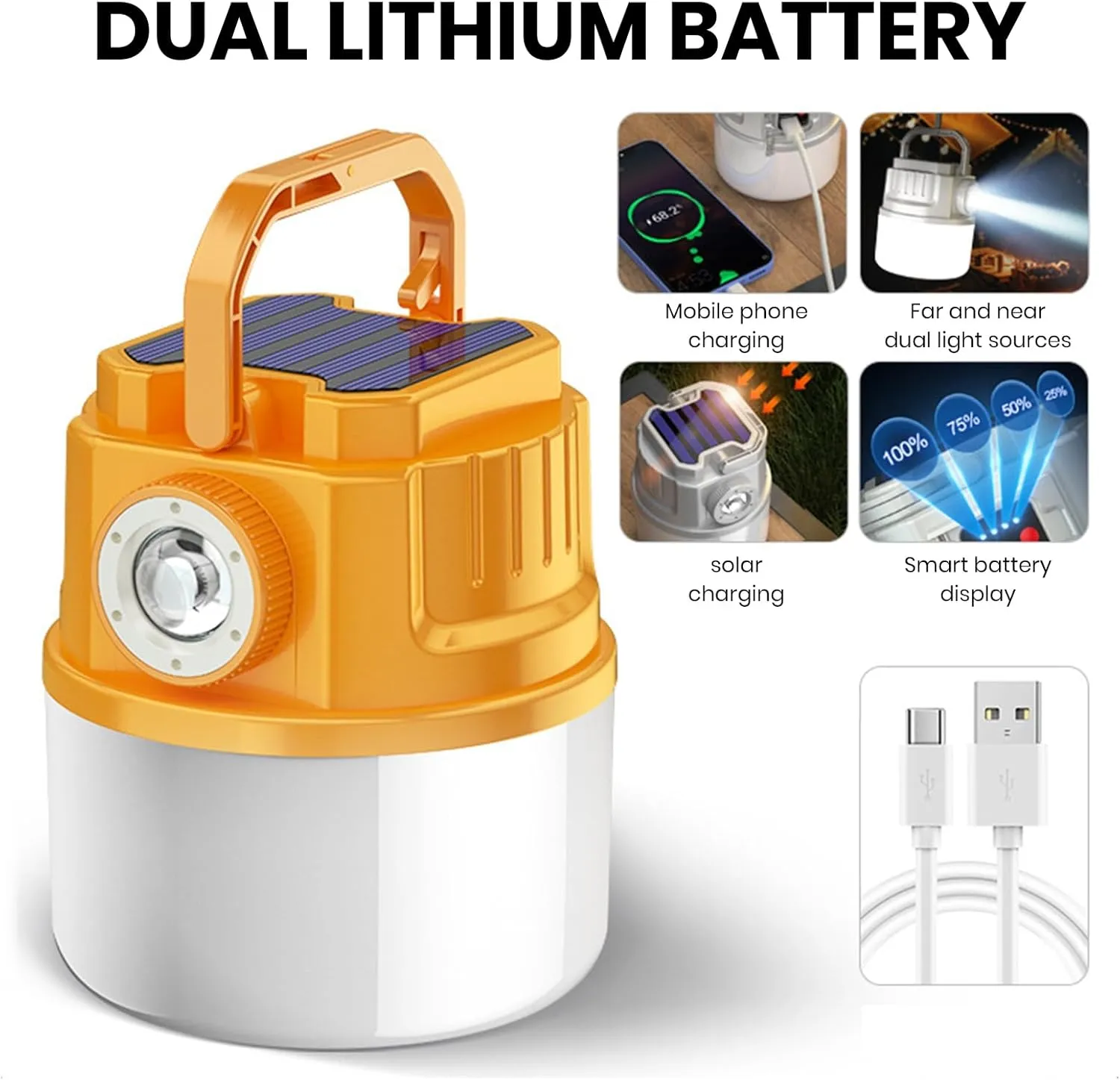 Multi-Functional Camping Lantern Outdoor with Power Bank Function Lamp Battery Indicator Compact 4 Adjustable Brightness Levels Rechargeable Yellow C