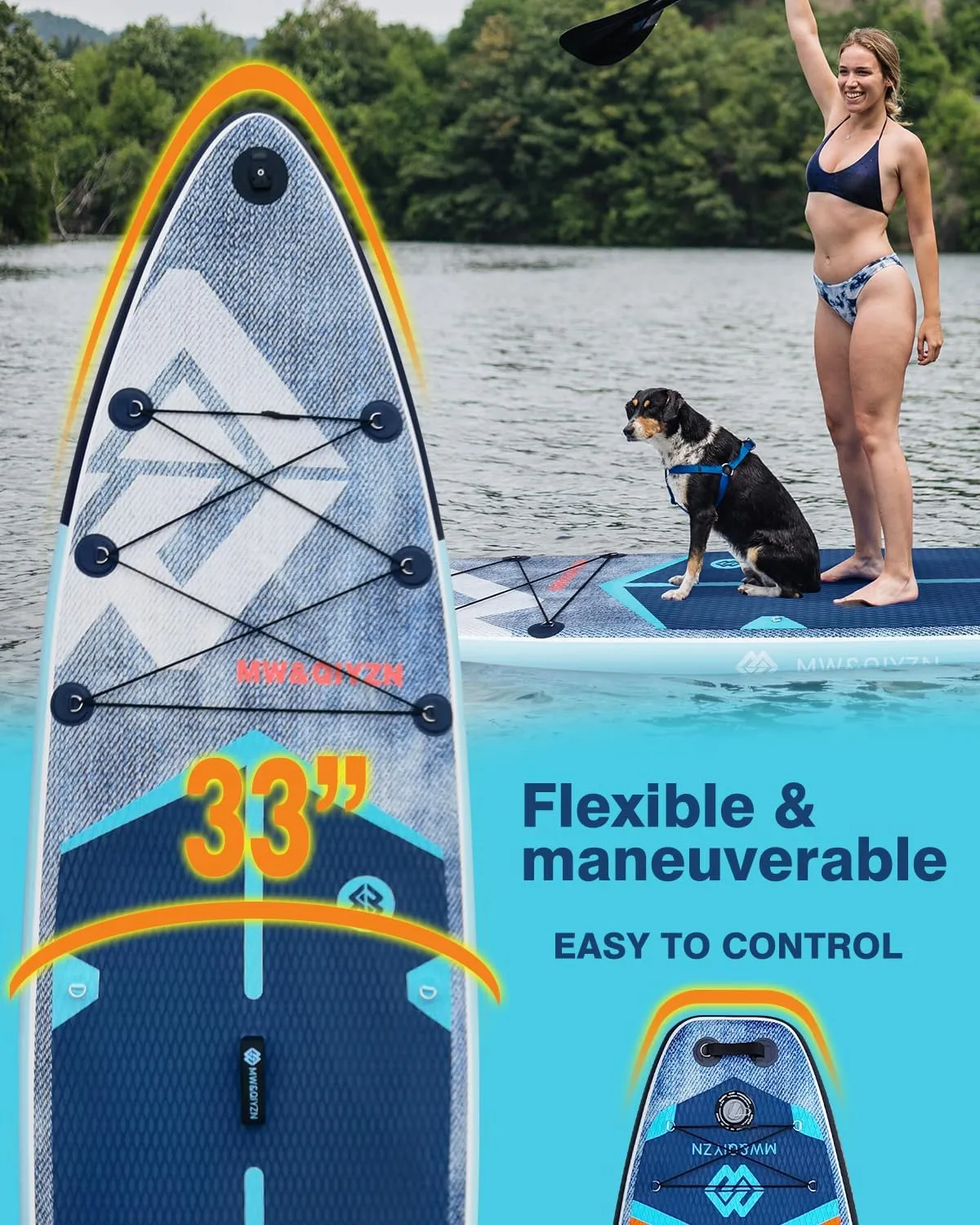 MW&QIYZN Inflatable Paddle Board for Adults, Inflatable Stand Up Paddle Boards with Premium SUP Board Accessories & Carry Bag, Wide Stance, Non-Slip Deck, Leash, Paddle