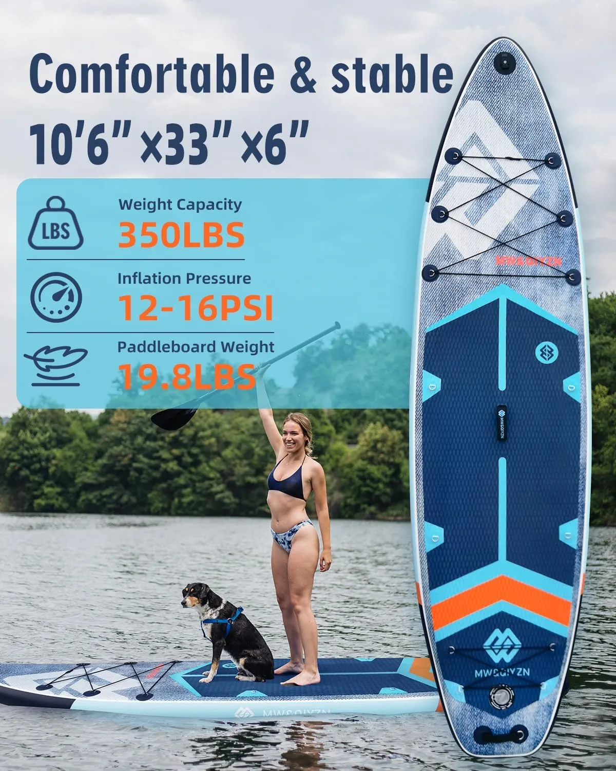 MW&QIYZN Inflatable Paddle Board for Adults, Inflatable Stand Up Paddle Boards with Premium SUP Board Accessories & Carry Bag, Wide Stance, Non-Slip Deck, Leash, Paddle