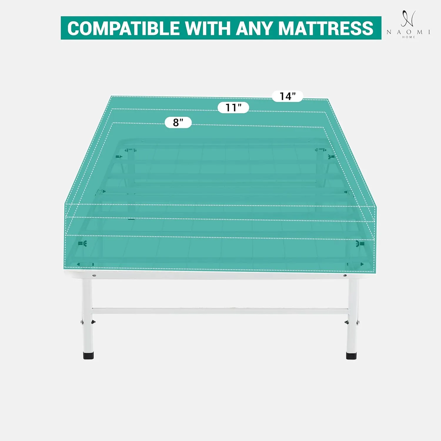 Naomi Home Tool Free Assembly 14 Twin Bed Frame Heavy Duty Foldable Bed Frame with Steel Metal Slats Box Spring 600lbs Capacity Platform Twin Size White