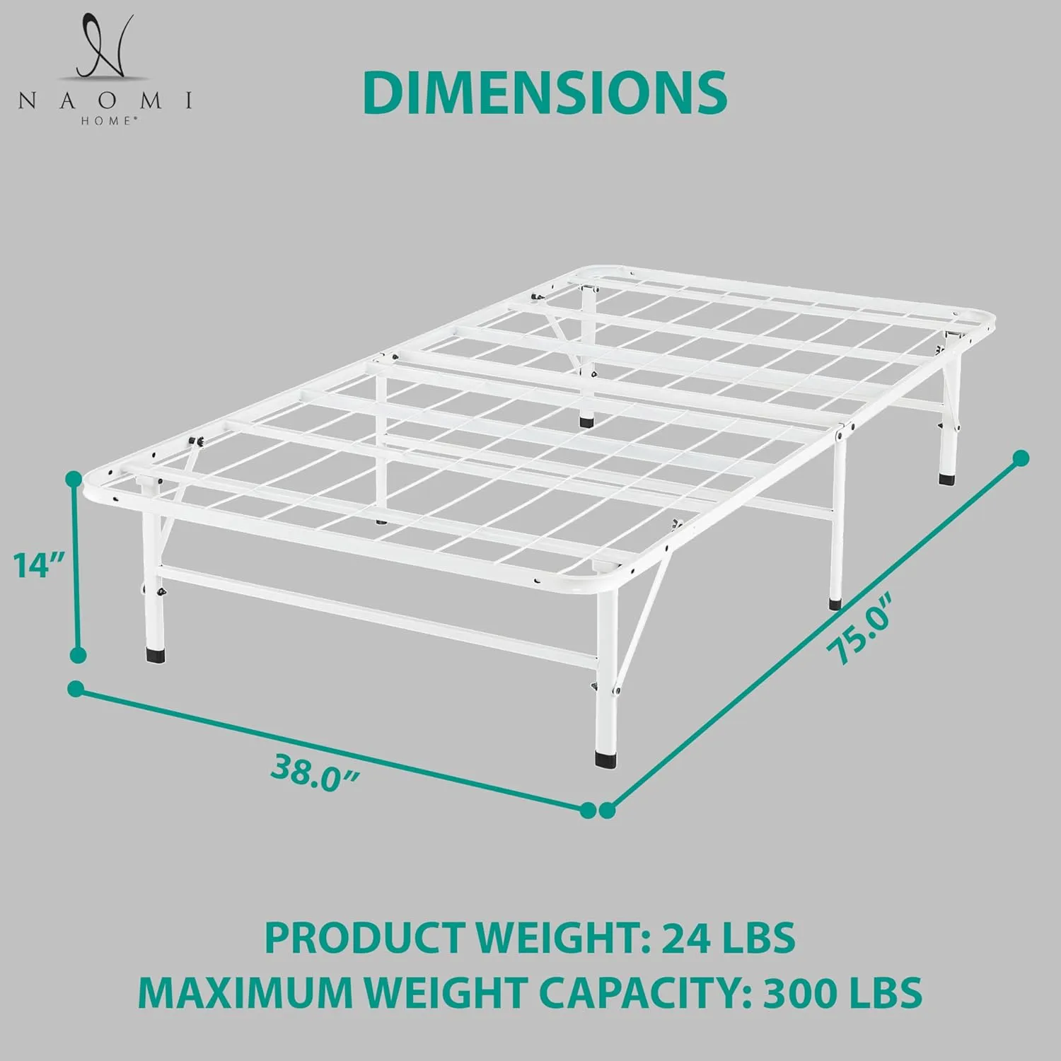 Naomi Home Tool Free Assembly 14 Twin Bed Frame Heavy Duty Foldable Bed Frame with Steel Metal Slats Box Spring 600lbs Capacity Platform Twin Size White