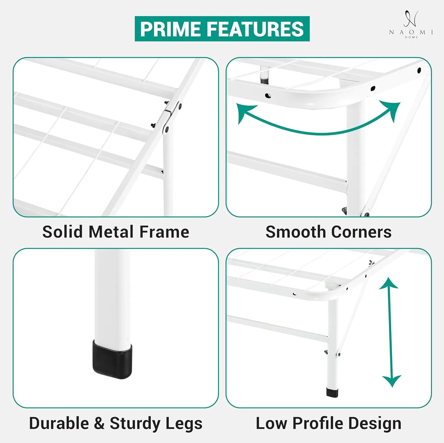 Naomi Home Tool Free Assembly 14 Twin Bed Frame Heavy Duty Foldable Bed Frame with Steel Metal Slats Box Spring 600lbs Capacity Platform Twin Size White