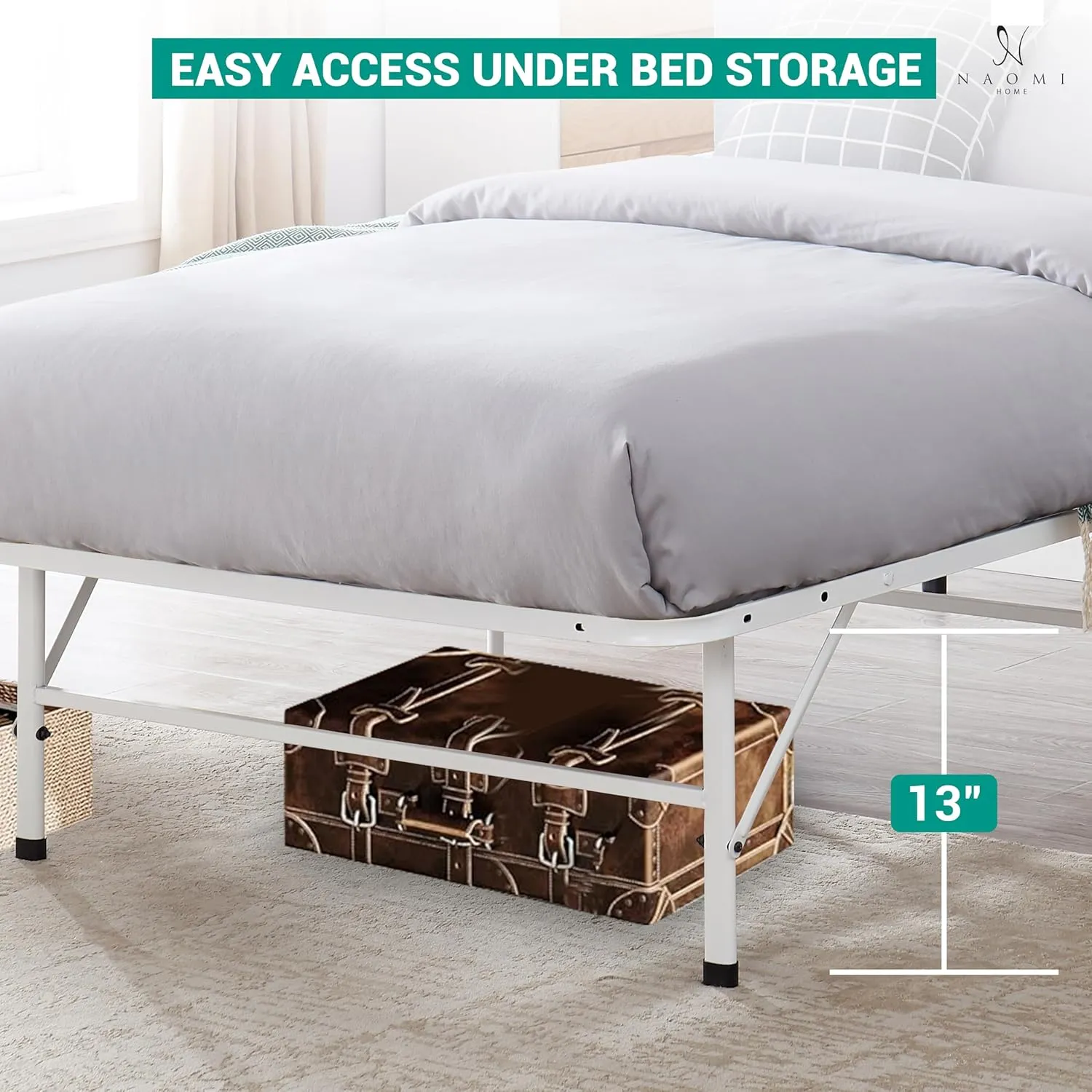 Naomi Home Tool Free Assembly 14 Twin Bed Frame Heavy Duty Foldable Bed Frame with Steel Metal Slats Box Spring 600lbs Capacity Platform Twin Size White