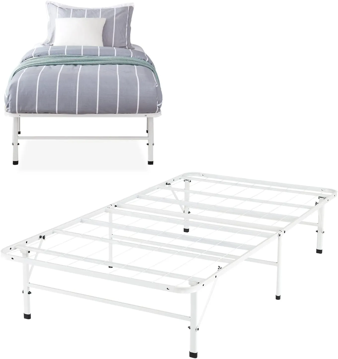 Naomi Home Tool Free Assembly 14 Twin Bed Frame Heavy Duty Foldable Bed Frame with Steel Metal Slats Box Spring 600lbs Capacity Platform Twin Size White