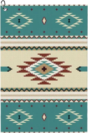 Native Indian Western Tribal Golf Towel (16" X 24") with Carabiner Clip | Premium Microfiber Fabric | Golf Towel for Men and Women