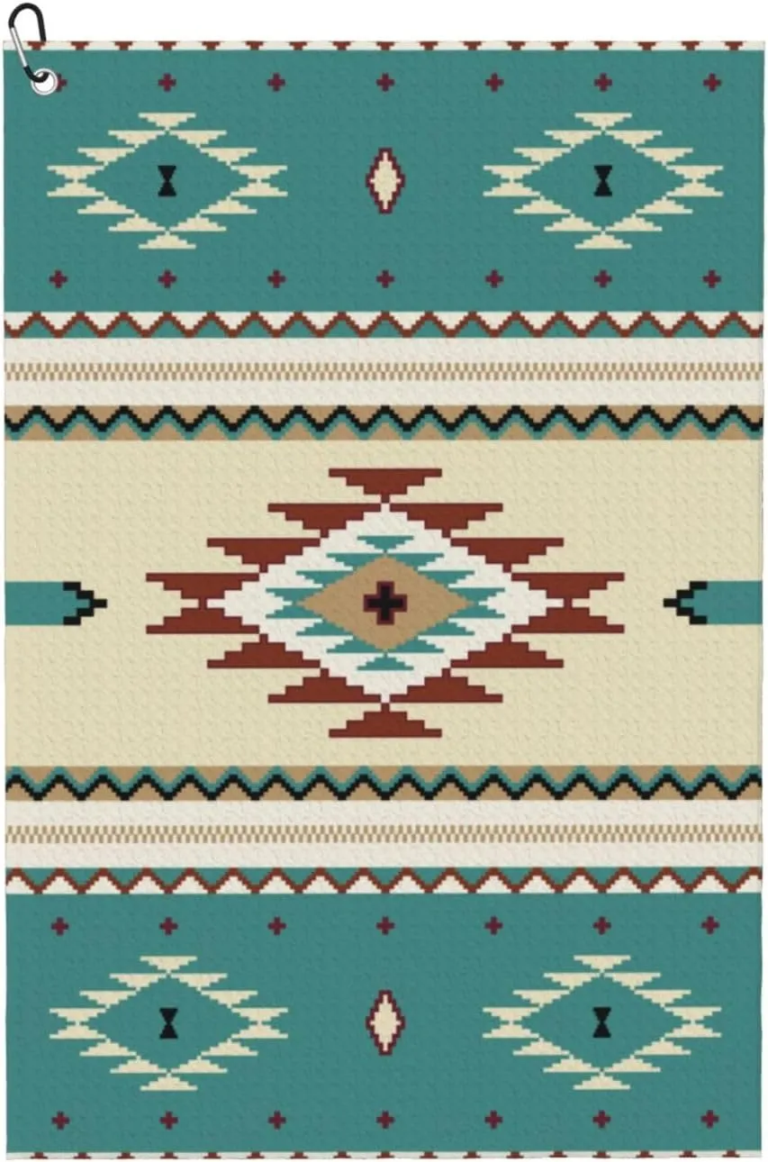 Native Indian Western Tribal Golf Towel (16" X 24") with Carabiner Clip | Premium Microfiber Fabric | Golf Towel for Men and Women
