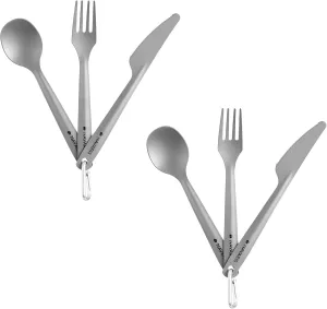 Navaris Titanium Camping Cutlery Set (2 Sets) - Lightweight Camping Utensils for Two - Knife, Fork and Spoon with Carabiner Clip for Hiking Travel