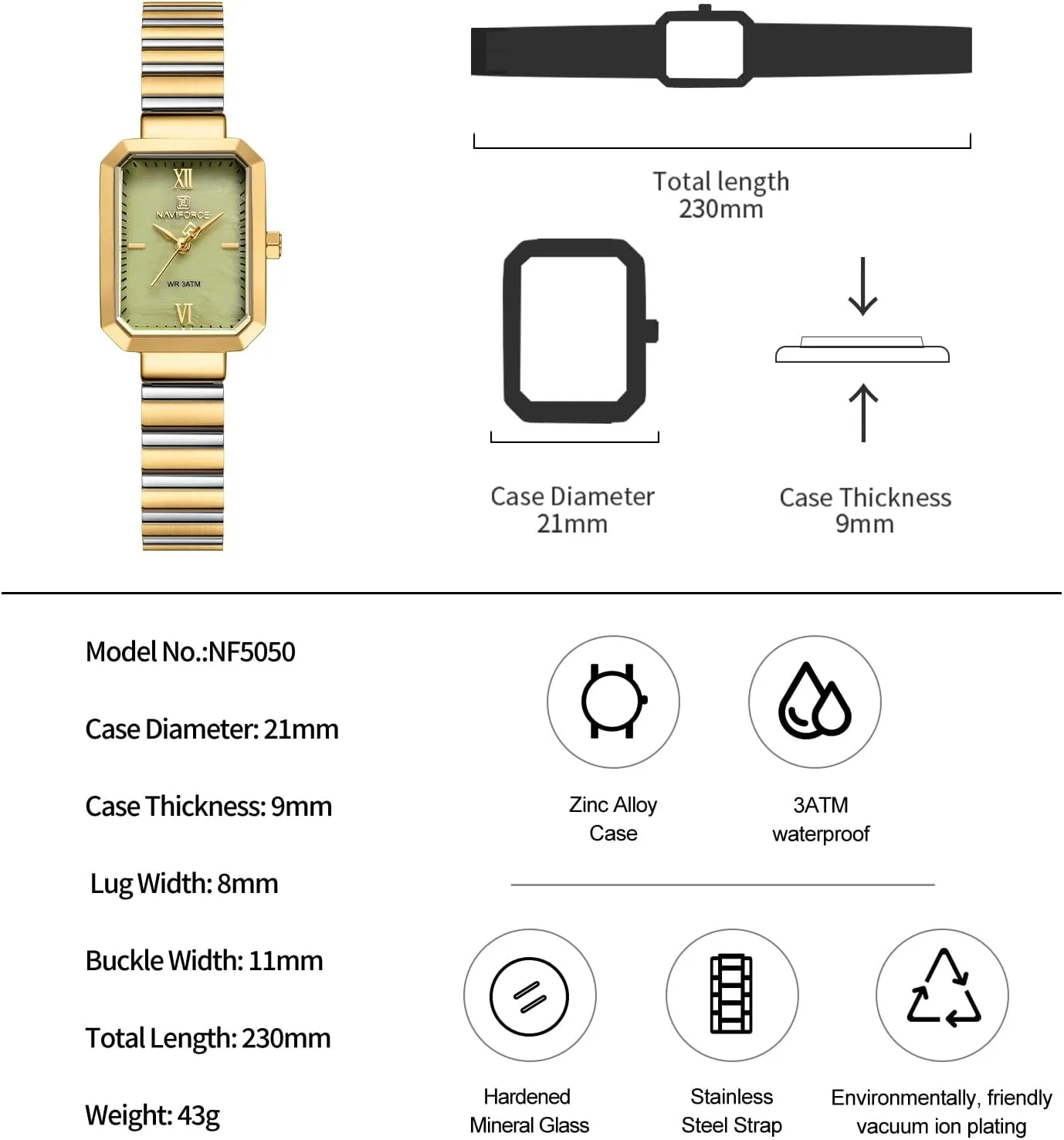 NAVIFORCE Woman Simple Retro Style Bracelet Stainless Steel Watches, Vintage Rectangular Case Watch for Women with Adjustment Tool