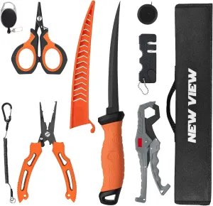 NEW VIEW 9pc Saltwater Fishing Tools - Portable Fishing Tool Kit with Carry Pouch - Fillet Knife, Plier, Braid Scissor, Sharpener, Lip Grip, Fish Ruler, Tool Retractor, Lanyard - Fishing Gifts for Men