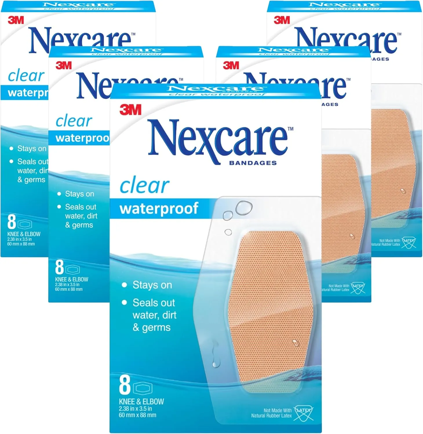 Nexcare Waterproof Clear Bandages for Knee & Elbow, Large (2.38 in x 3.5 in), 8 Count (Pack of 5, 40 Total)