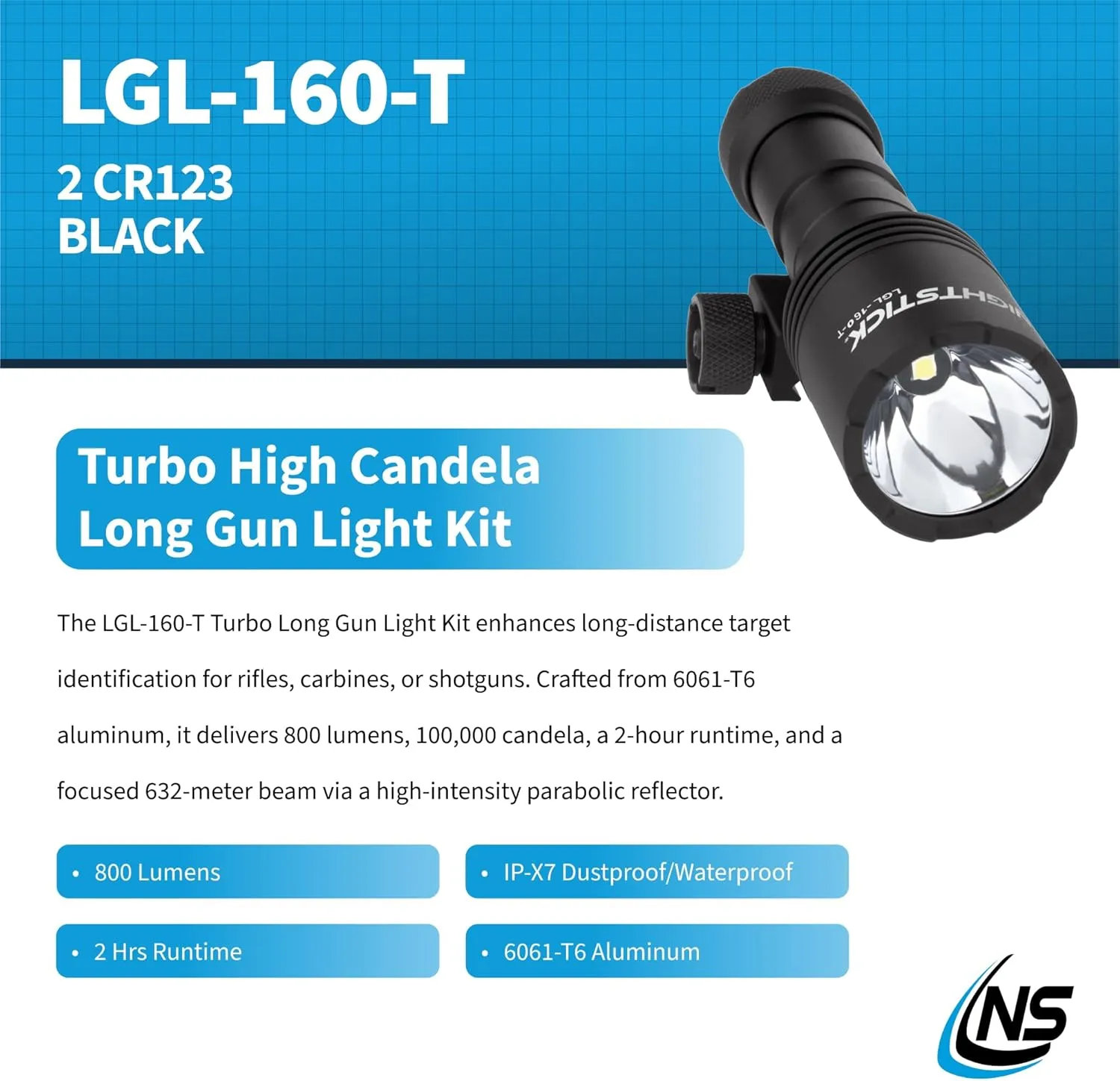 Nightstick Turbo High Candela Long Gun Light Kit - 2 CR123 - Black