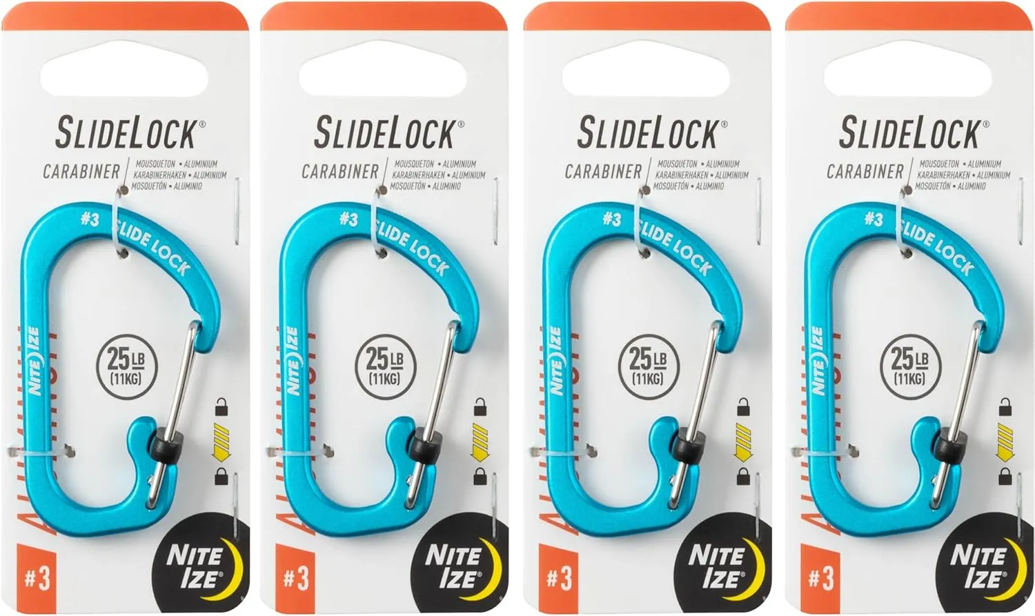 Nite Ize Aluminum SlideLock Carabiner - Daily Use & Lightweight Carabiner - Compact Aluminum Carabiner with Lock - Versatile Rectangular Carabiner - Size 3, Blue (4 Pack)
