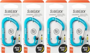 Nite Ize Aluminum SlideLock Carabiner - Daily Use & Lightweight Carabiner - Compact Aluminum Carabiner with Lock - Versatile Rectangular Carabiner - Size 3, Blue (4 Pack)