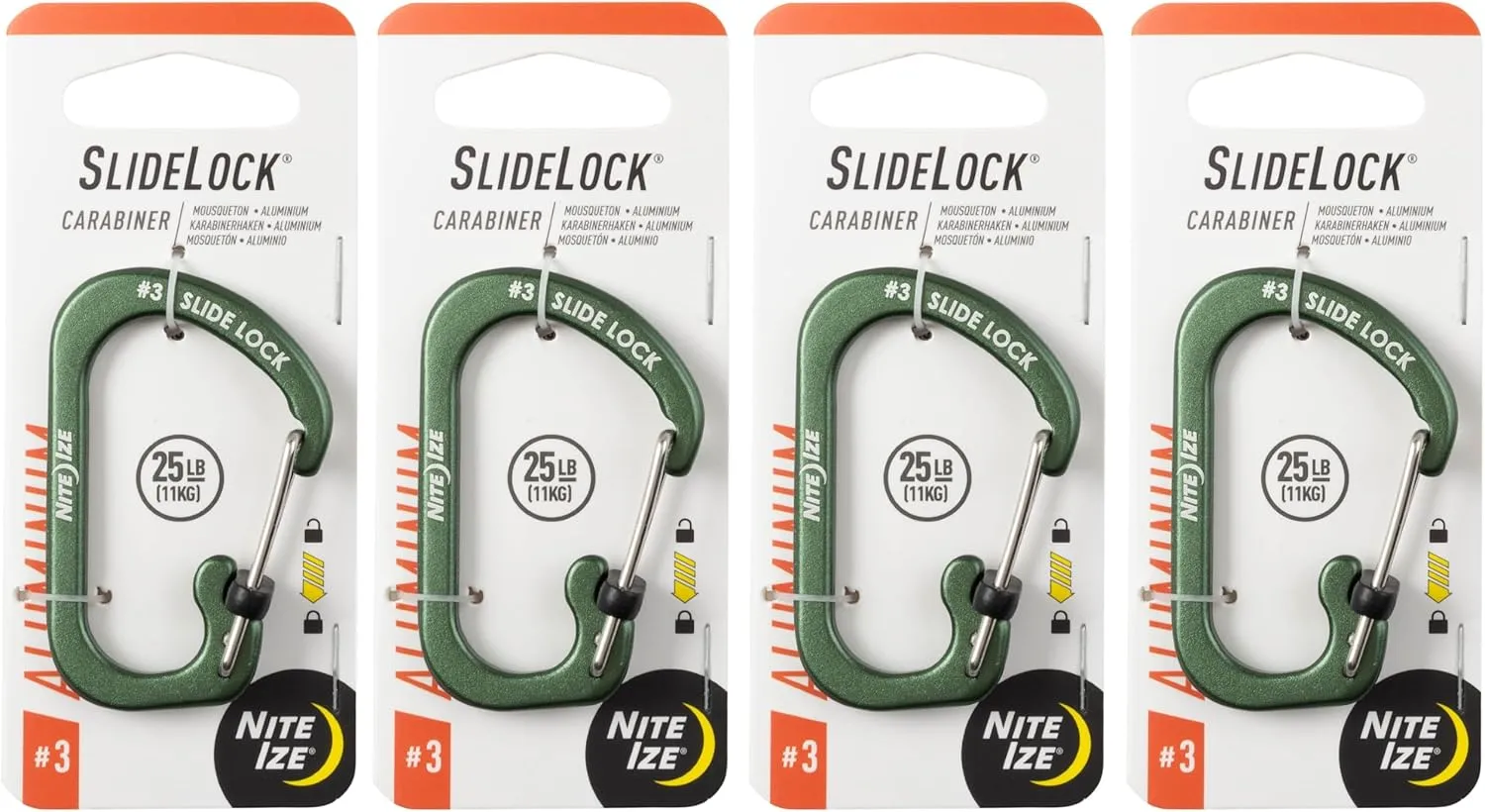 Nite Ize Aluminum SlideLock Carabiner - Daily Use & Lightweight Carabiner - Compact Aluminum Carabiner with Lock - Versatile Rectangular Carabiner - Size 3, Olive (4 Pack)