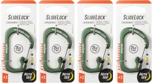 Nite Ize Aluminum SlideLock Carabiner - Daily Use & Lightweight Carabiner - Compact Aluminum Carabiner with Lock - Versatile Rectangular Carabiner - Size 3, Olive (4 Pack)