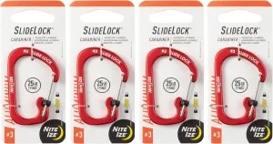 Nite Ize Aluminum SlideLock Carabiner - Daily Use & Lightweight Carabiner - Compact Aluminum Carabiner with Lock - Versatile Rectangular Carabiner - Size 3, Red (4 Pack)