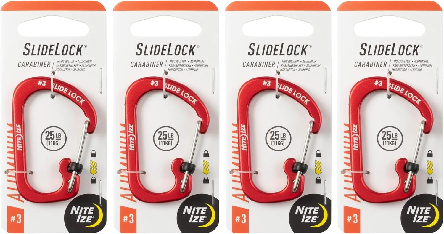 Nite Ize Aluminum SlideLock Carabiner - Daily Use & Lightweight Carabiner - Compact Aluminum Carabiner with Lock - Versatile Rectangular Carabiner - Size 3, Red (4 Pack)