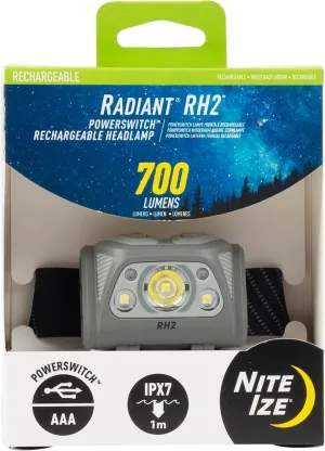 Nite Ize Radiant RH2 PowerSwitch Rechargeable Headlamp - Hands-Free Flashlight Alternative - Headlamp for Backpack Gear, Camping Equipment & More - Waterproof & Lightweight - Black/Grey
