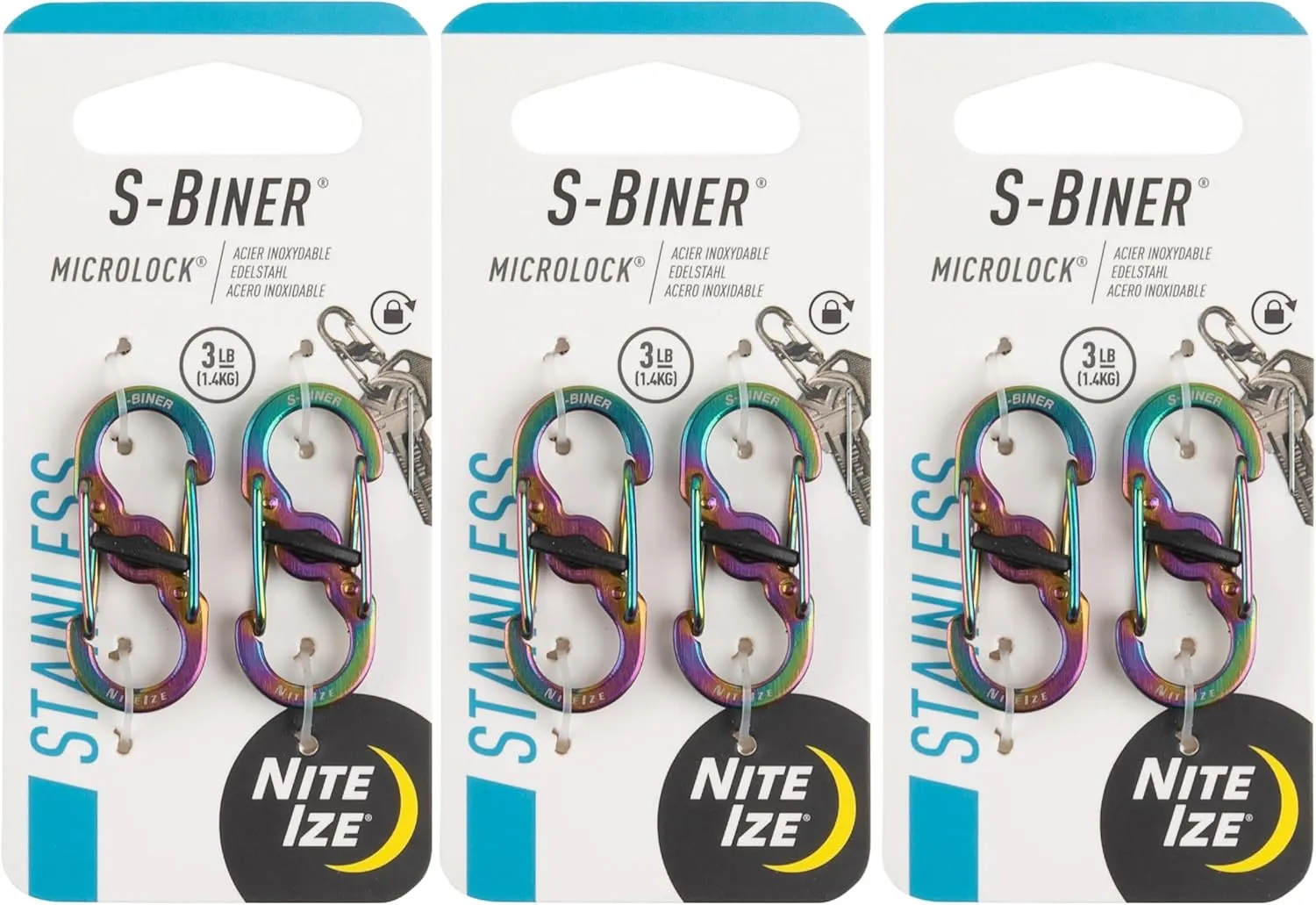 Nite Ize S-Biner MicroLock Stainless Steel - Durable Key Holder Carabiner Clip - S-Biner with Locking Gates - Durable & Strong Mini Carabiners for Keychain Accessories - Spectrum, (3 Pack)