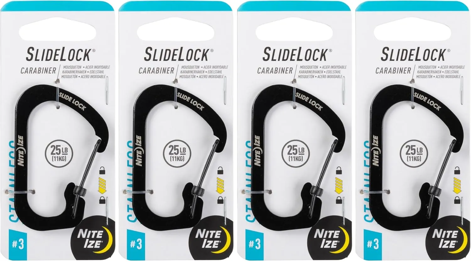 Nite Ize SlideLock Carabiner Stainless Steel - Key Holder Carabiner for Daily Use - Secure Keychain Organizer with Lock - Lockable Carabiner Fits Multiple Keys - Size 3, Black (4 Pack)