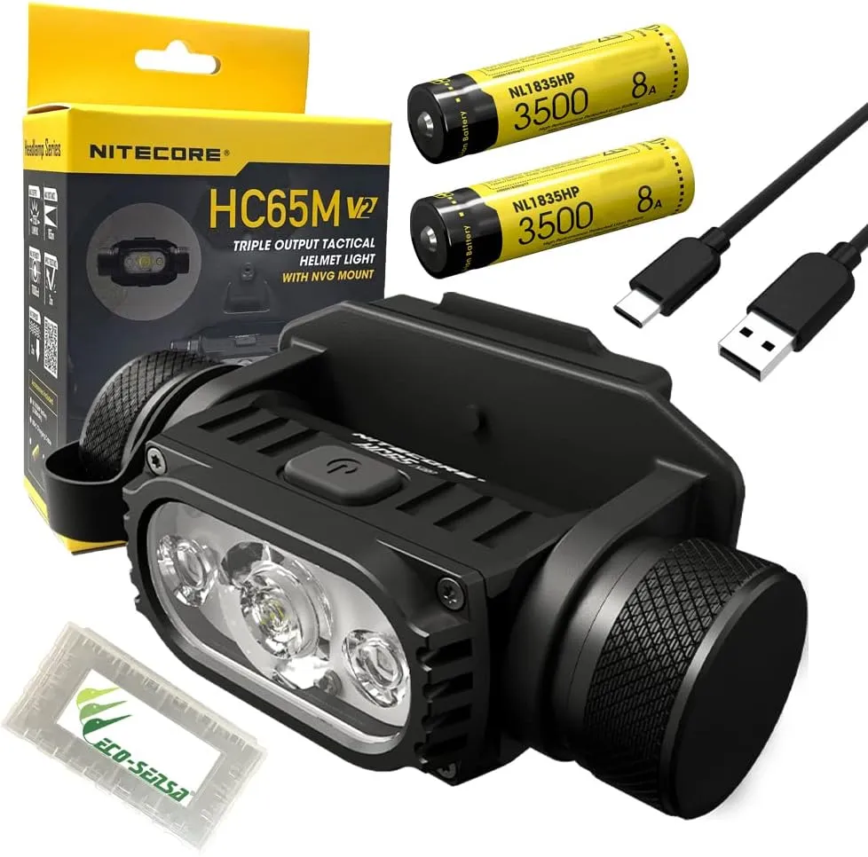 Nitecore HC65M UHE Headlamp Ultra High Triple Output Metal Tactical Rechargeable Headlamp -2000 Lumens w/Extra NL1835HP, Eco- Sensa USB-C Cable & Battery Case Included