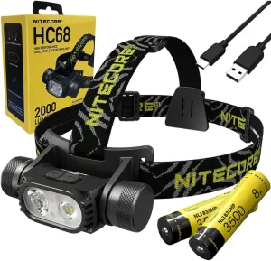 Nitecore HC68 Type-C Rechargeable Dual Beam E-Focus Headlamp, Luminus SST-40-W 2000 Lumens, Choices of Eco-Sensa Accessories (  1x Extra NL1835HP)