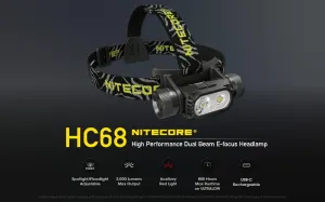 Nitecore HC68 Type-C Rechargeable Dual Beam E-Focus Headlamp, Luminus SST-40-W 2000 Lumens, Include Eco-Sensa Type-C USB Cable, Choices of Accessories (  1x Extra NL1835HP   USB Wall Adapter)