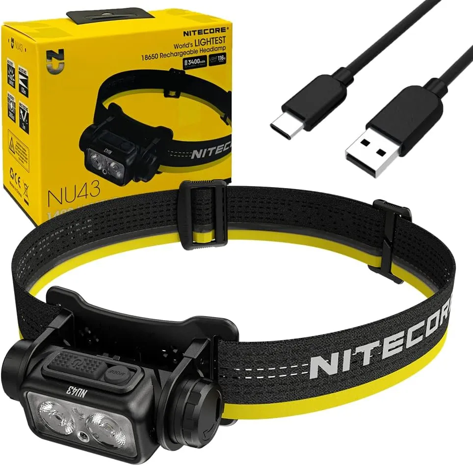 Nitecore NU43 Lighweight Rechargeable headlamp - 1400 Lumens w/Eco-Sensa USB-C Charging Cable Included