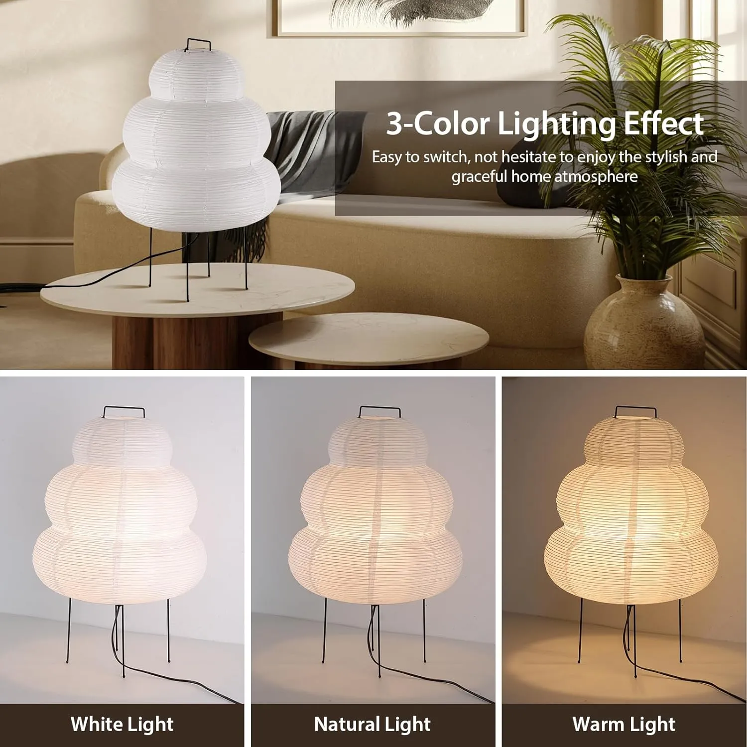 Noguchi Lamp, Rice Paper Floor Lamp, Akari Lamp with 3 Color Temperature Bulb, Japanese Lantern with Warm Lighting for Living Room, Any Room