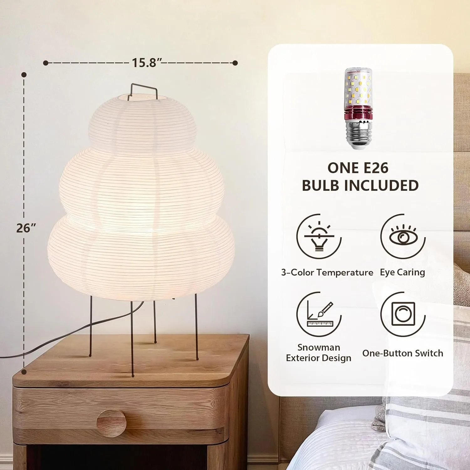 Noguchi Lamp, Rice Paper Floor Lamp, Akari Lamp with 3 Color Temperature Bulb, Japanese Lantern with Warm Lighting for Living Room, Any Room