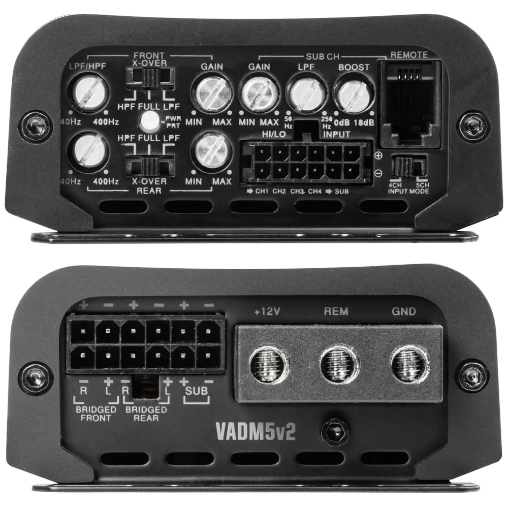 NVX VADM5v2 1500W Peak (750W RMS) V-Series Micro Full-Range Class D Compact 5-Channel Car/Marine/Powersports Amplifier with Remote Bass Knob