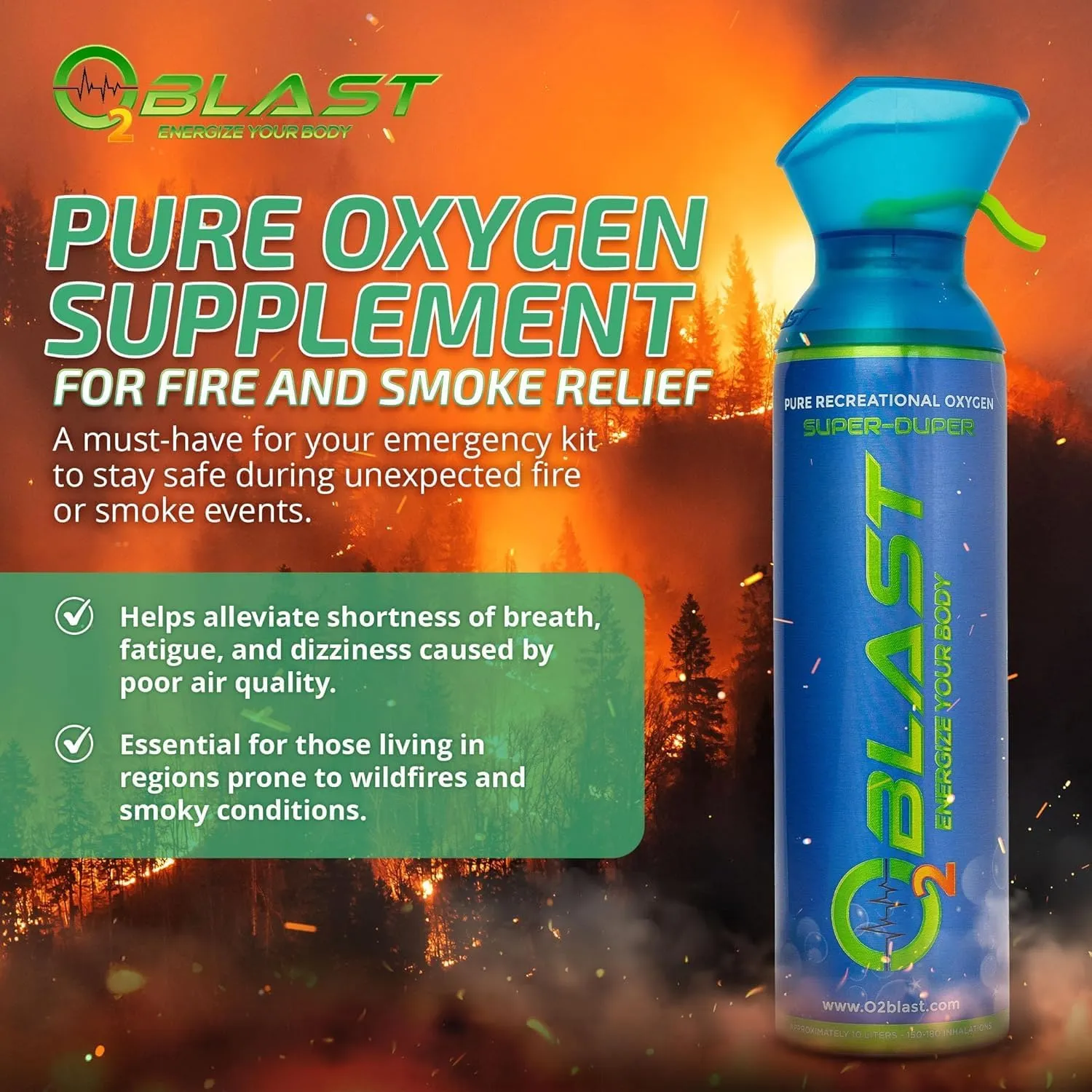 O2 Blast - Pure Oxygen Supplement, Portable Can Filled with 99.99% Pure Oxygen with Custom Breathing Mask, Energy, Performance, Fast Recovery Time, Ideal for High Altitude & Sports - 10L, 3-Pack