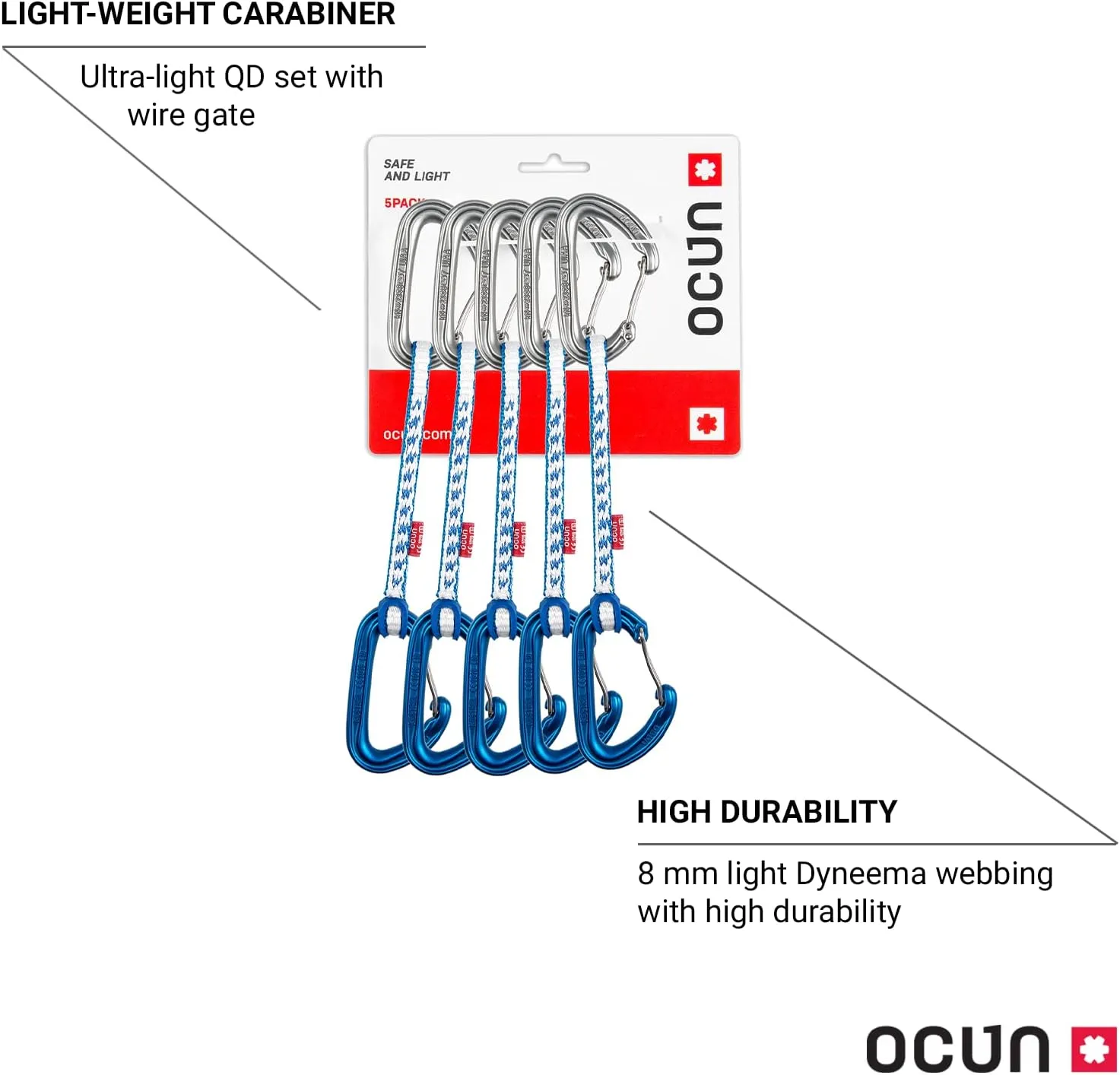 Ocun Kestrel Quickdraw DYN 8 15mm Carabiner 5-Pack for Rock Climbing