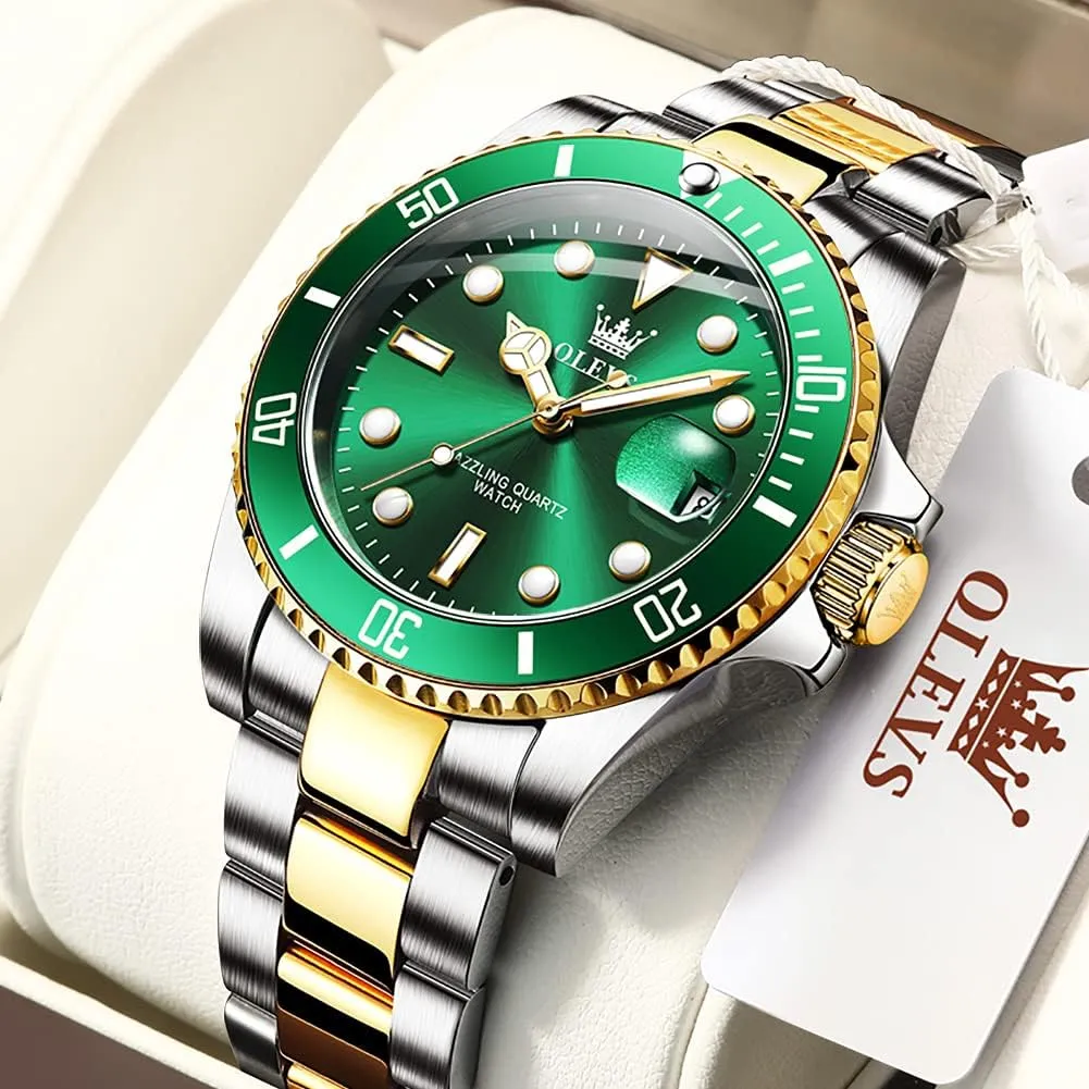 OLEVS Mens Watches, Silver Dress Gold Classic Luxury Big Large Face Waterproof Watches for Men, Analog Two Tone Stainless Steel Men Wrist Watch with Date Relojes De Hombre (Green/Blue/Black Dial