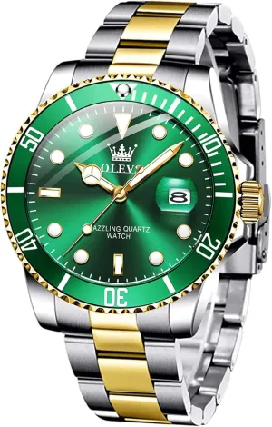 OLEVS Mens Watches, Silver Dress Gold Classic Luxury Big Large Face Waterproof Watches for Men, Analog Two Tone Stainless Steel Men Wrist Watch with Date Relojes De Hombre (Green/Blue/Black Dial