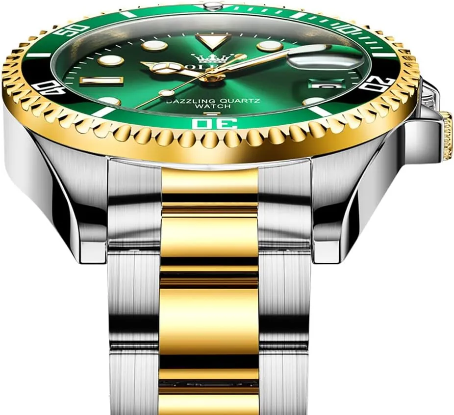 OLEVS Mens Watches, Silver Dress Gold Classic Luxury Big Large Face Waterproof Watches for Men, Analog Two Tone Stainless Steel Men Wrist Watch with Date Relojes De Hombre (Green/Blue/Black Dial