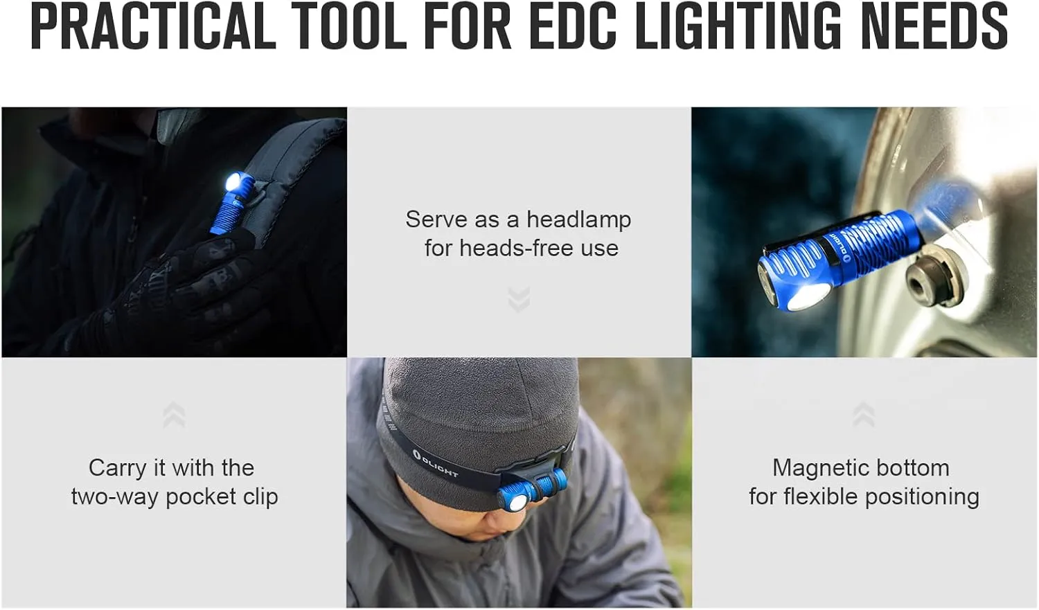 OLIGHT Perun 2 Mini LED Headlamp 1100 Lumens Rechargeable, Right Angle Flashlight with Headband, EDC Handheld Flashlight for Camping, Running, Outdoor, Power Outage (Blue Cool White: 5700~6700K)