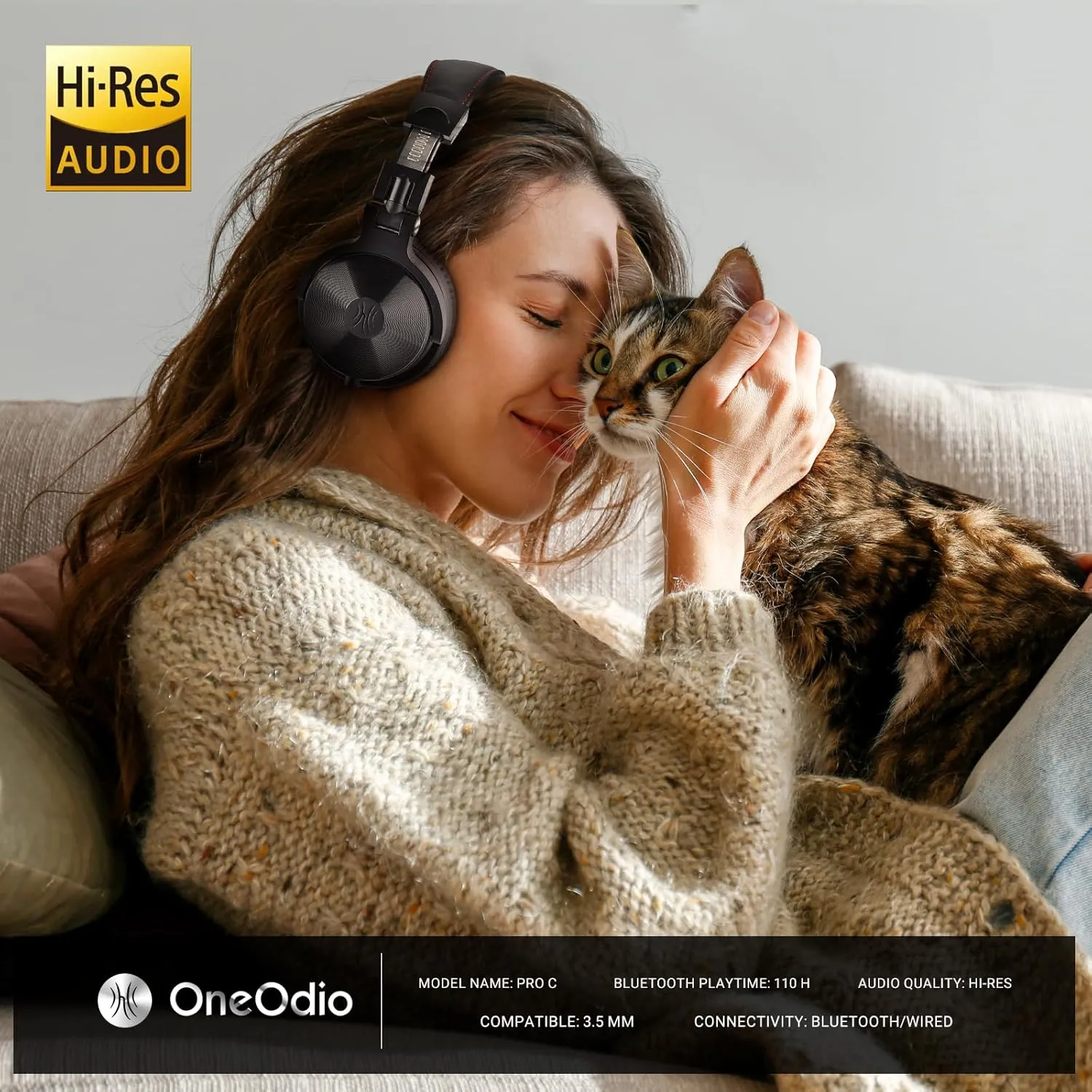 OneOdio Bluetooth Over Ear Headphones, 110 Hrs Wireless/Wired Stereo Sound Foldable Headsets with Deep Bass 50mm Neodymium Drivers for PC/Phone/Tablet - Studio Wireless Pro C, Black
