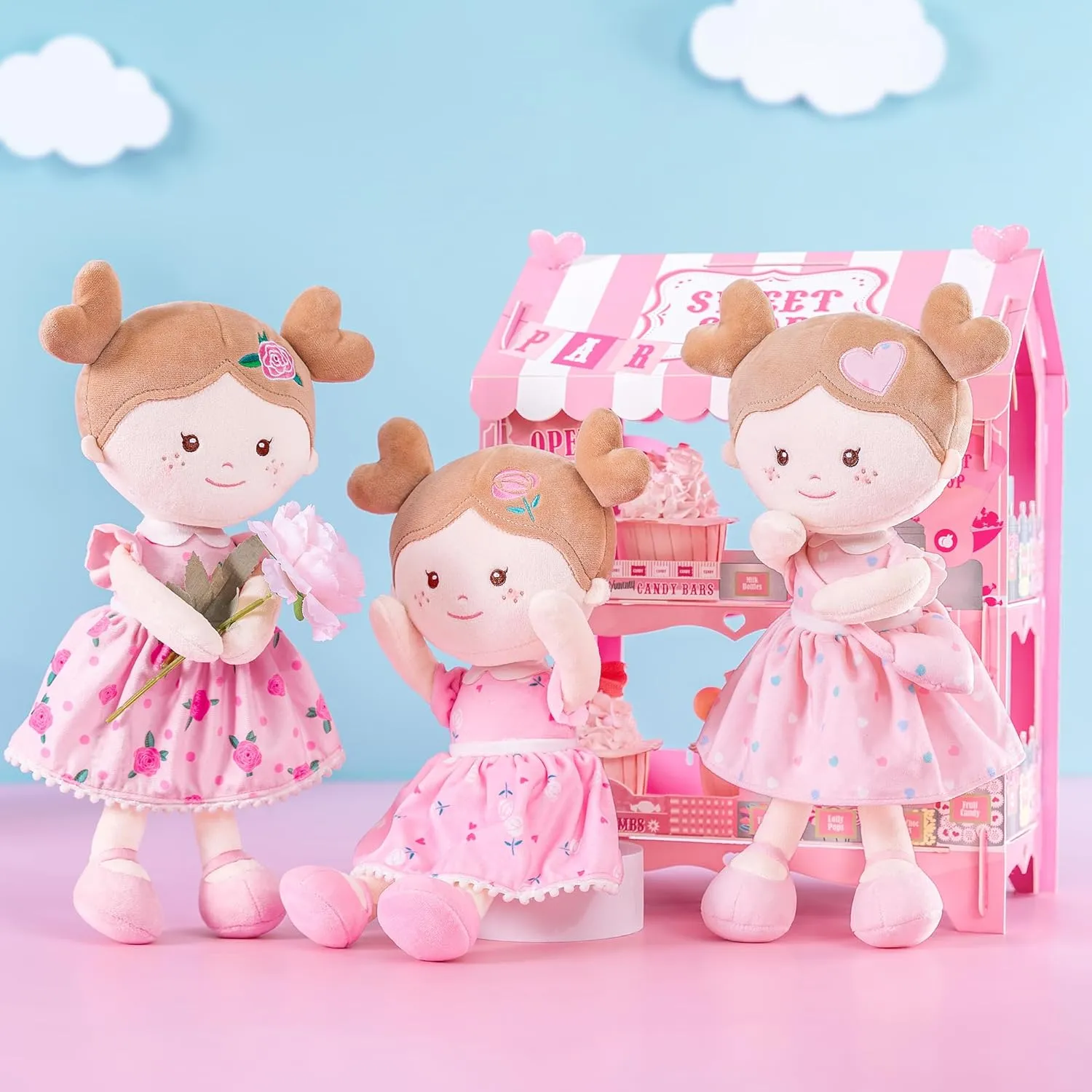 Onetoo First Baby Dolls Plush Rag Doll Soft Baby Toy Girls Sleeping Cuddle Buddy Doll Wear Pink Dress 14"