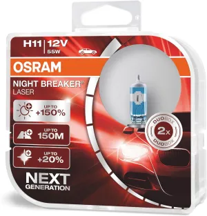 OSRAM NIGHT BREAKER LASER H11, next generation, 150% more brightness, halogen headlamp, 64211NL-HCB, 12V, passenger car, duo box (2 lamps)