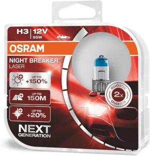 OSRAM NIGHT BREAKER LASER H3, next generation, 150% more brightness, halogen headlamp, 64151NL-HCB, 12V, passenger car, duo box (2 lamps)